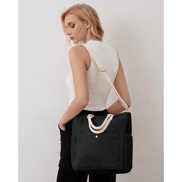 Prite Women Black Corduroy Large Hobo Shoulder Crossbody Tote Bag With Pockets - Picture 2 of 6